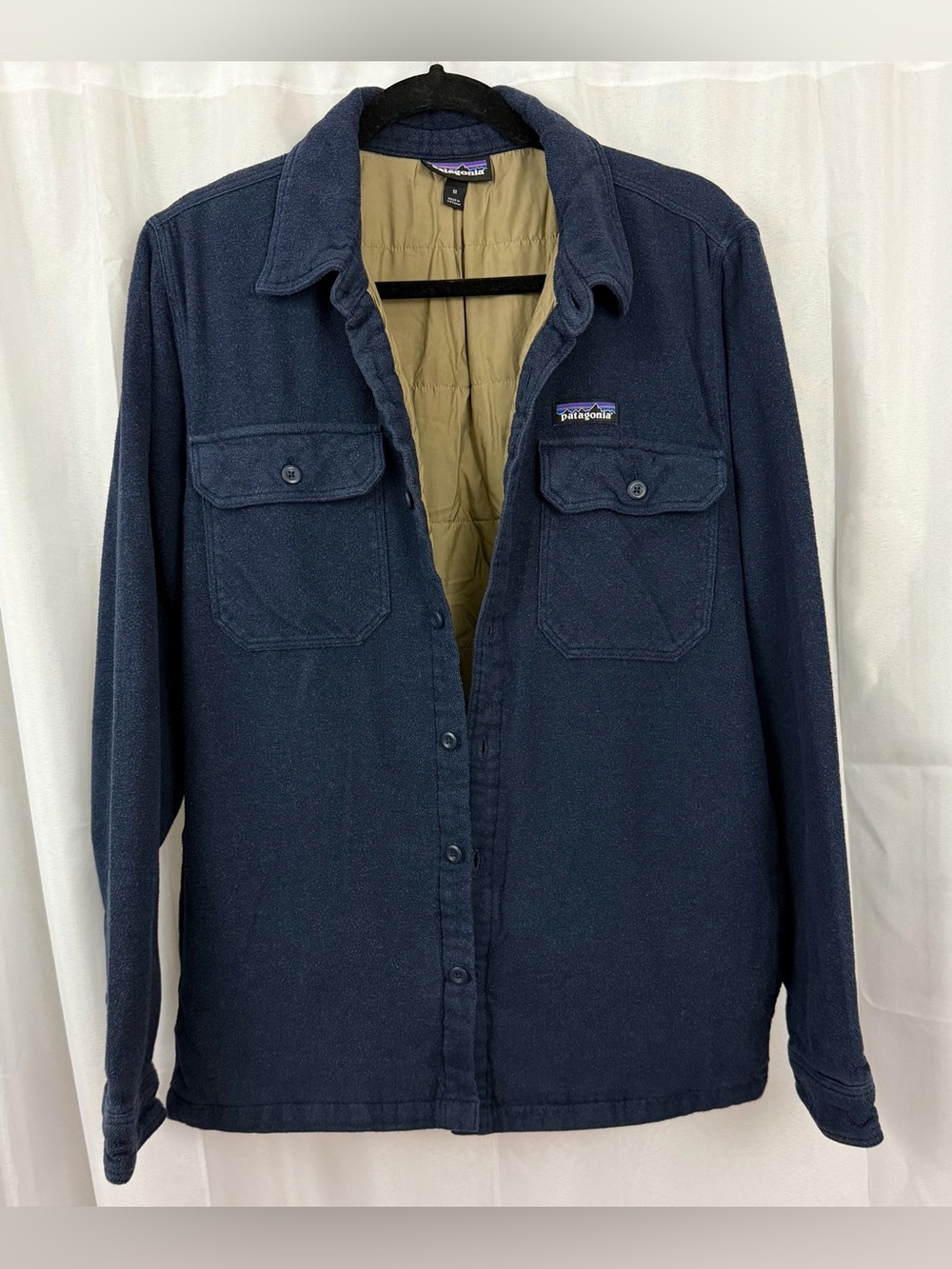 Patagonia Navy Blue Organic Cotton “Worn Wear” Quilted-Lined Shirt Jacket Med.